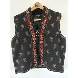 Icelandic Design Vest Euro Folk‎ Paisley Black Knit Embroidered Women Large